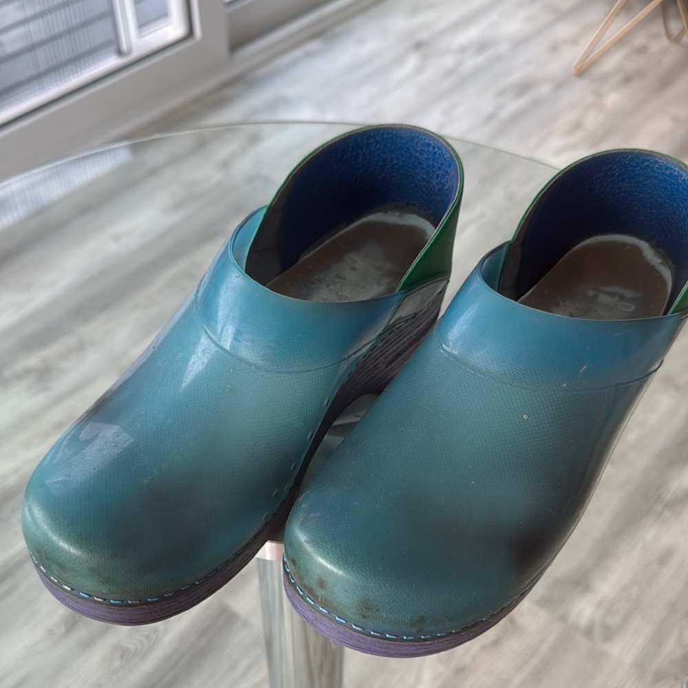 Dansko Blue and Green Clogs